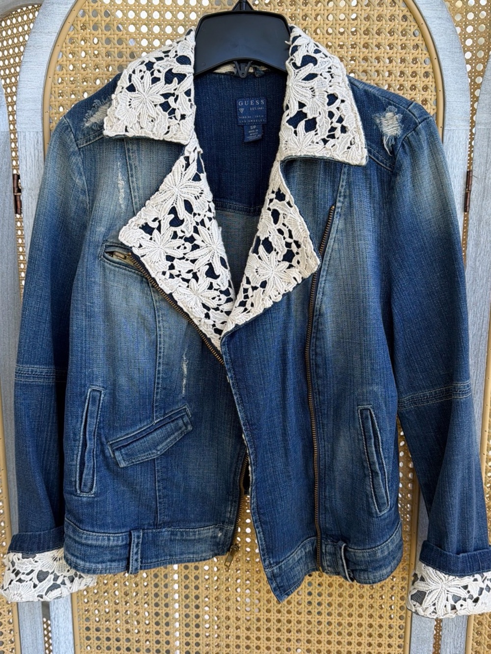 GUESS Blue Washed Denim Jacket with Cream Crochet Trim